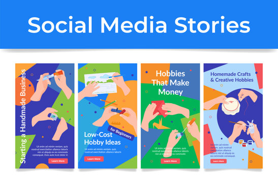 Hobbies that make money starting handmade business social media stories set vector illustration