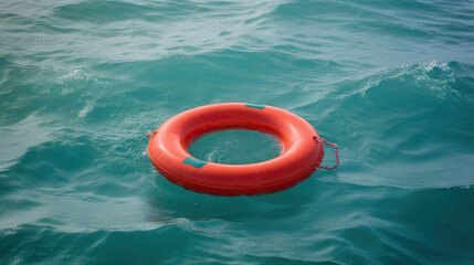 A red lifebuoy floats on the waves of the turquoise sea. Generative AI