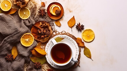 Vintage styled cup of tea with slice of lemon and autumn themed decoration, fallen leaves on textured background. Top view, flat lay, Generative AI