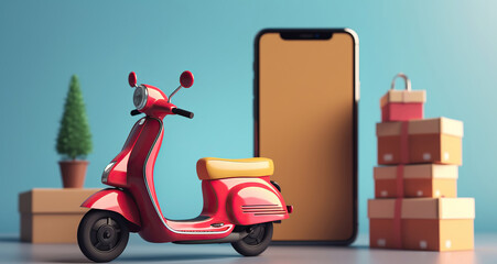 3D render, Shopping Online delivery service on a mobile by scooter, Generative AI