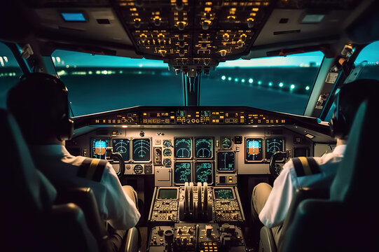 Pilots in Cockpit Preparing for Takeoff at the Airport. created with Generative AI