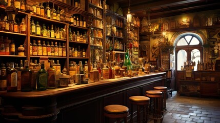 A traditional bar with age-old bottles and drinks, reflecting the charm of the past. Generative AI.
