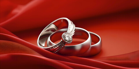 Two Diamondstudded White Gold Engagement Rings With A Heartshaped Ribbon On Red, Plus A Romantic Wedding Jewelry Backdrop. Generative AI