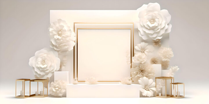 3d render, empty stage with square frame decorated with gold and white paper flowers, isolated on white background. Showcase with blank podium and floral arrangement, Generative AI