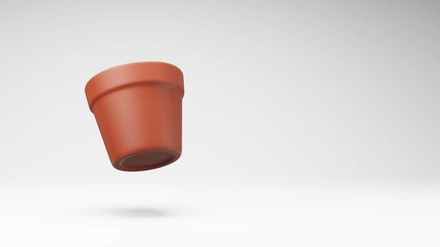 Earthenware Empty Flowerpot Spinning on a Studio Light Gray Background, Seamless Loop 3D Animation with Copy Space