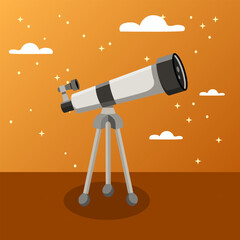 Telescope illustration. Tripode, stars, clouds, equipment. Editable vector graphic design.