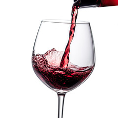 A sophisticated glass of red wine  pouring from a bottle, isolated on a white background, created by Generative AI