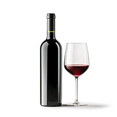 A sophisticated glass of red wine with a bottle, isolated on a white background, created by Generative AI