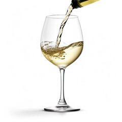 A sophisticated glass of white wine  pouring from a bottle, isolated on a white background, created by Generative AI