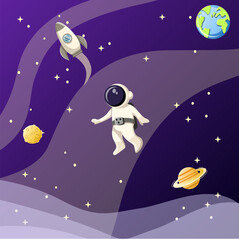 Space illustration. Spaceship, spaceman, saturn, moon, planet earth. Editable vector graphic design.