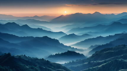 Fototapeta na wymiar a misty mountain range at dawn. generative AI