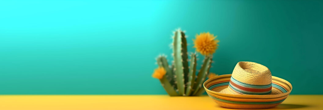 Cinco de Mayo holiday background. Mexican cactus and party sombrero hat on yellow turquoise banner. Generative AI illustration
