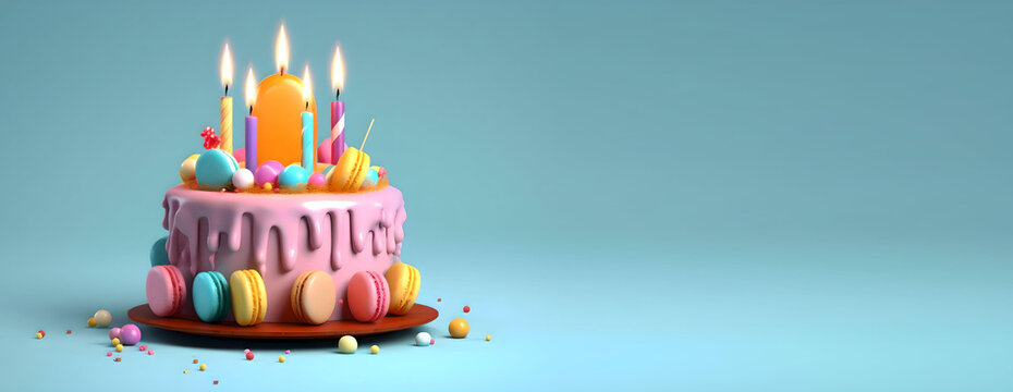colorful cake decorated with sweets on a blue background poured with chocolate. Place for your text Concept, 3d render illustration, Generative AI
