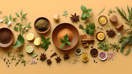 Fototapeta na wymiar Culinary herbs and spices flat lay design, copy space. Generative AI