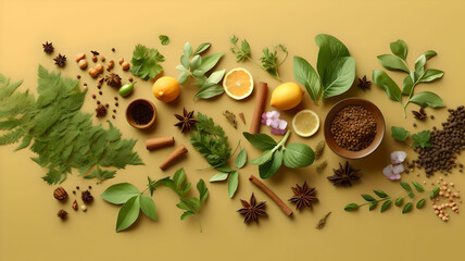 Culinary herbs and spices flat lay design, copy space. Generative AI