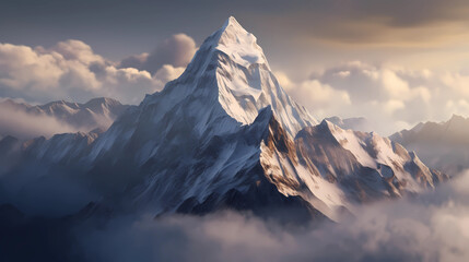 Fototapeta na wymiar a snowy mountain peak reaching above the clouds. generative AI