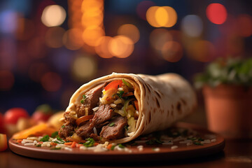Obraz premium a juicy lamb shawarma wrap with vegetables. generative AI