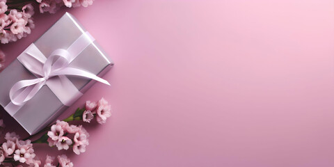  Gift box or gift box and flowers on pink table top view. Flat lay. Birthday, wedding, valentines day, march 8th concept. Place for your text, copy space, empty space, Generative AI
