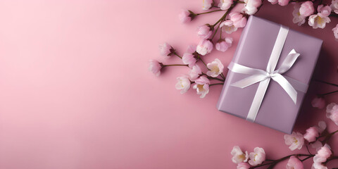  Gift box or gift box and flowers on pink table top view. Flat lay. Birthday, wedding, valentines day, march 8th concept. Place for your text, copy space, empty space, Generative AI