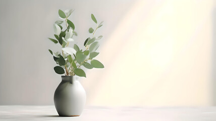 Green eucalyptus leaves in ceramic vase on white table. Front view, empty wall background. Place for text, copy space, empty space, Generative AI
