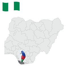 Location Bayelsa State on map Nigeria. 3d Bayelsa location sign. Flag of Nigeria. Quality map with  States of Nigeria for your web site design, logo, app, UI. Stock vector. EPS10.