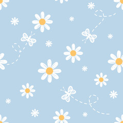 Seamless pattern with daisy flower with butterfly cartoons on blue background vector.