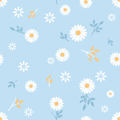 Obraz premium Seamless pattern with daisy flower with branches on blue background vector.