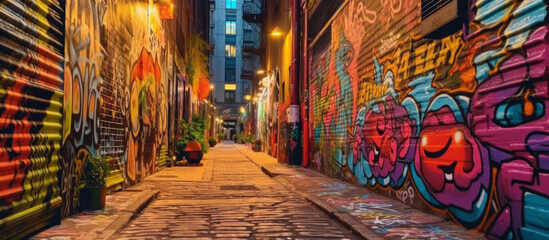 Fototapeta na wymiar An urban streetscape spraypainted with graffiti. Inner city environment. Grungy alley. Generative AI.