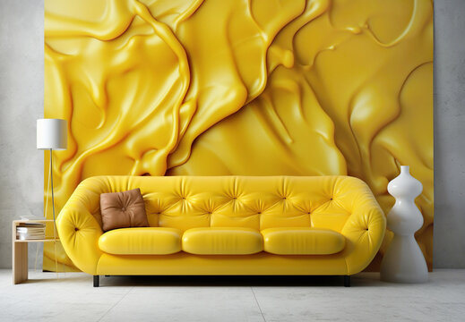 Abstract yellow wavy melted paneling wall and leather sofa. Interior design of modern living room. Created with generative AI