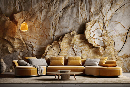 Mustard luxury sofa near chic and unique stone textured paneling wall. Interior design of modern living room. Created with generative AI