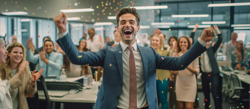Victory Jubilation: Businessmen and Businesswomen Enthusiastically cheering and  Celebrating a Major Win. Closing the deal with teamwork. Generative AI.