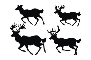 Wild deer vector design on a white background. Deer walking and running silhouette bundle design. Reindeer running silhouette set vector. Buck running in different positions silhouette collection.