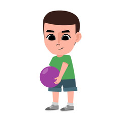 Cartoon Illustration of Happy Young Kid Wearing Green Shirt Playing with Purple Ball