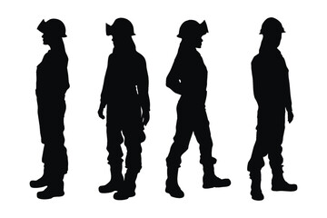 Female mason standing in different position silhouette set vector. Woman bricklayers silhouette bundle on a white background. Girl construction worker with anonymous faces, full body silhouette vector