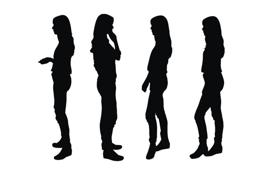 Female model standing in different position silhouette set vector. Woman actor silhouette bundle on a white background. Girl fashion models with anonymous faces, and full-body silhouettes.