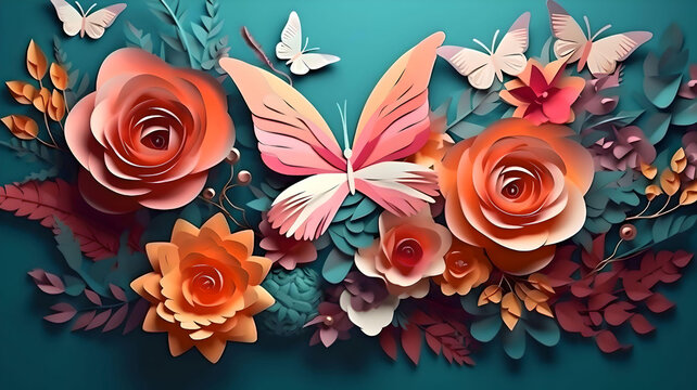 Paper cut butterfly and flowers. paper art style illustration, Generative AI