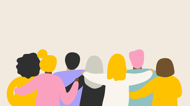 Friends forever. Friendly group of people stand and hugging together with their backs. Bright colored illustration for event, Greeting card Startup business Web banner