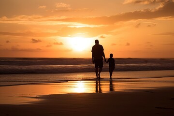 Fototapeta na wymiar Silhouettes of father and son on sunset sea background. Generative AI