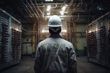 industrial electric engineer wearing a protective helmet and stand and look at the of by power supply inside oil refinery. Generative AI