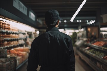 serviceable salesman is standing at supermarket, rear view on the head of the salesman, generative ai
