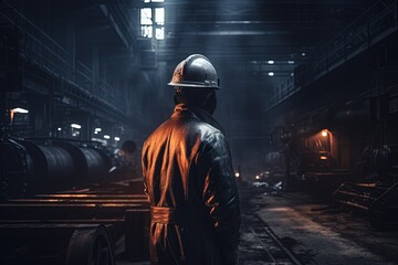 Fototapeta na wymiar metal worker in protective workwear stand and look at the of steel mill, generative ai