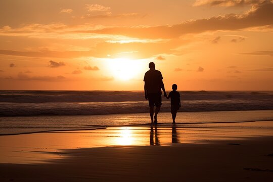 Silhouettes of father and son on sunset sea background. Generative AI