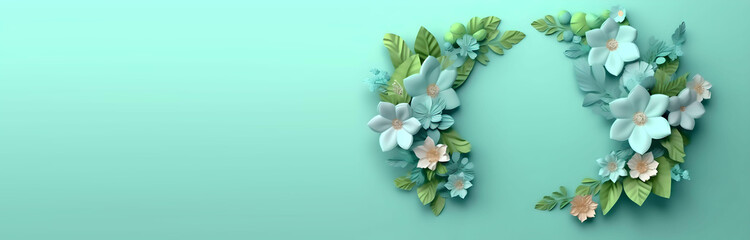 Spring flower and green leaves frame on light blue background, Place for your text, copy space, empty space, Generative AI
