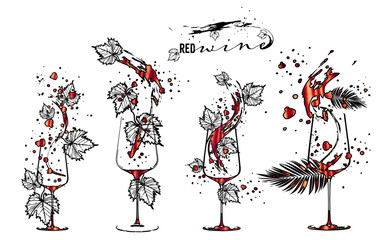 Wine Designs - Red wine. Hand drawn elements for invitation cards, advertising banners, menus. Wine glasses with splashing wine. Sketch vector illustration