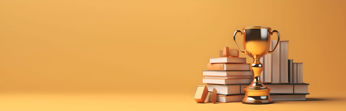 Stack Of Books With Golden Cup Trophy And Medal. Academic And School Knowledge, Business Education And Graduation, Place For Your Text, Copy Space, Empty Space, Generative, AI