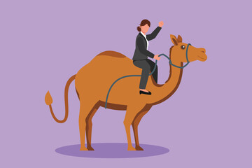 Character flat drawing Arabian businesswoman riding camel. Investment, bullish stock market trading, rising bonds trend metaphor. Successful business woman trader. Cartoon design vector illustration