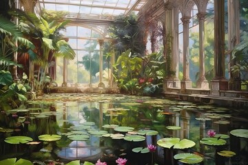 Lotus, serene water lily pond with reflection (Ai generated) - obrazy, fototapety, plakaty