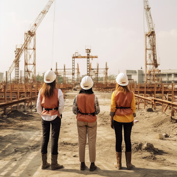 Female engineers at a construction site. Generative AI.