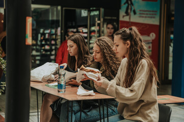 Beautiful girls taking a break from hanging out. They are eating a pizza