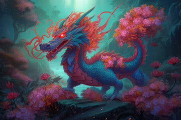 Fototapeta na wymiar zodiac dragon with lanterns and cherry blossoms in background, chinese new year, generative AI